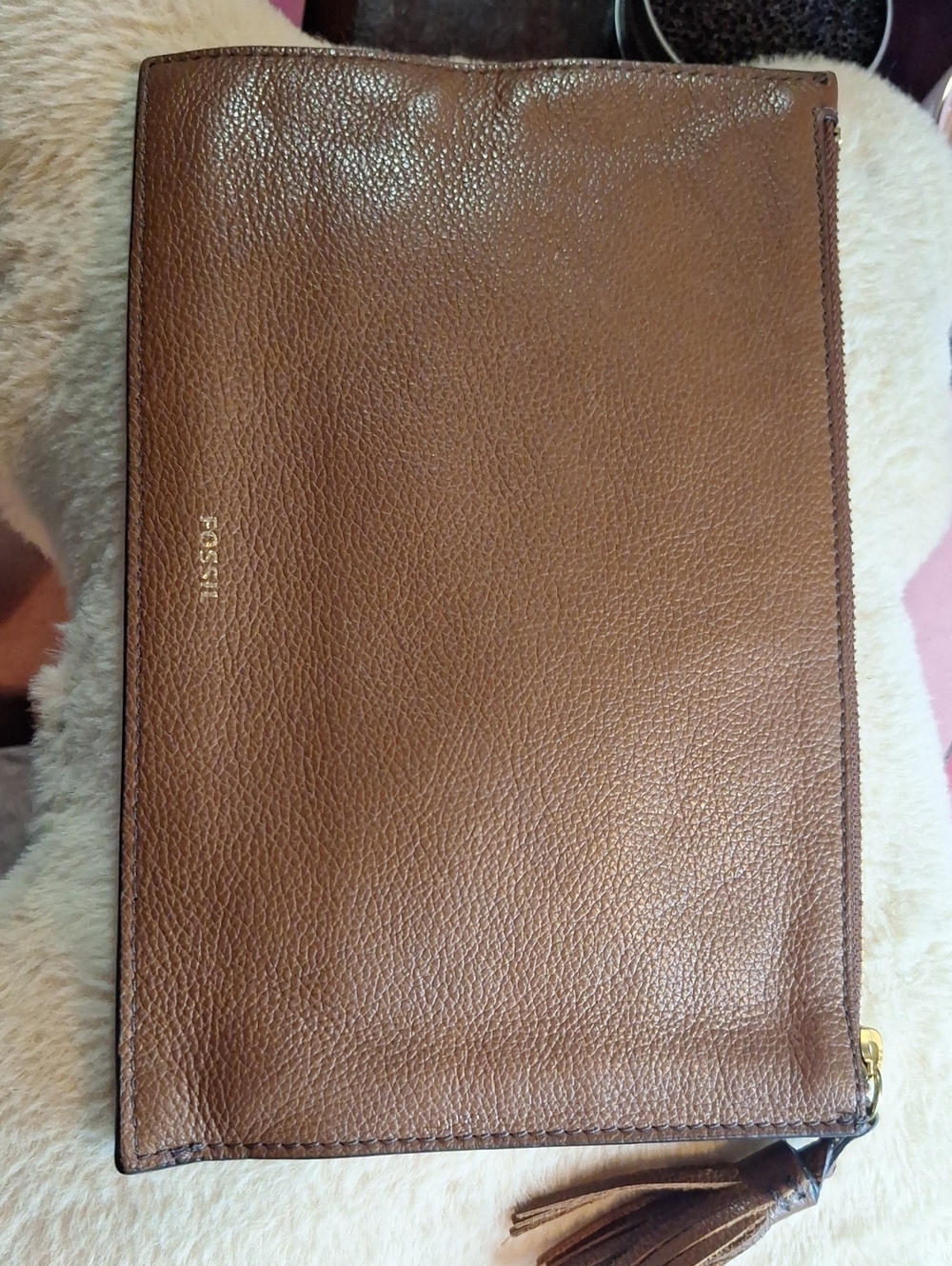 Fossil Chestnut Brown Leather Zip Clutch with Tassel